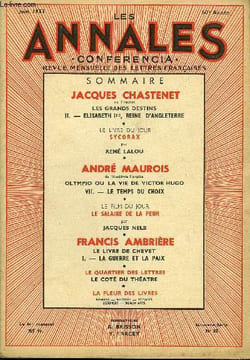 LES ANNALES - CONFERENCIA 60e ANNEE N°32 - JACQUES CHASTENET, de l’institut, LES GRANDS DESTINS II. — ELISABETH lre, REINE D’ANGLETERRE • LE LIVRE DU ...