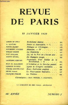 REVUE DE PARIS 46e ANNEE N°2 - Bellicisme italien .Notes et Souvenirs. — I.Pologne et Allemagne . .Blanche. — IV .La Diphtérie .La, où le Feu ne ...