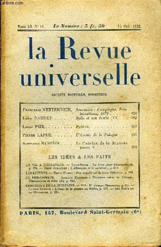 LA REVUE UNIVERSELLE TOME 11 N°14 - Princesse METTERNICH. Souvenirs : Compiègne, Fontainebleau, 1870. Léon DAUDET. Sylla et son destin (VI). Louis ...