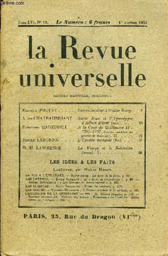 LA REVUE UNIVERSELLE TOME 56 N°19 - Marcel PROUST. Lettres inédites à Walter Berry.A. de CHATEAUBRIANT. Saint Jean et l’Apocalypse d'Albert Dürer ...