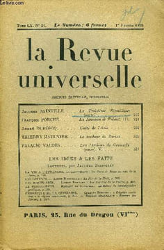 LA REVUE UNIVERSELLE TOME 60 N°21 - Jacques BAINVILLE. La Troisième République (suite) François PORCHÉ. La Jeunesse de Tolstoï. III.André DUBOSCQ. ...