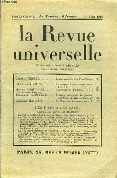 LA REVUE UNIVERSELLE TOME 73 N°2 - Général NIESSEL. La Sécurité de nos Frontières.René BENJAMIN. Chronique d’un temps troublé. II. Henry BORDEAUX de ...