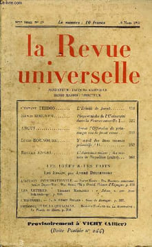 LA REVUE UNIVERSELLE NOUVELLE SERIE N°29 - Gustave THIBON. L'Echelle de Jacob. Henri BŒGNER. Place et tâche de l'Université dans la France nouvelle I. ...