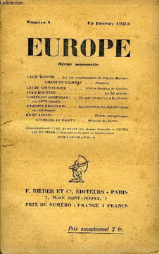 EUROPE REVUE MENSUELLE N° 1 - LÉON WERTH .. La vie sentimentale de Pierre Masson. CHARLES VILDRAC .. Poèmes.LUCIE COUSTURIER . Entre Soudan et ...