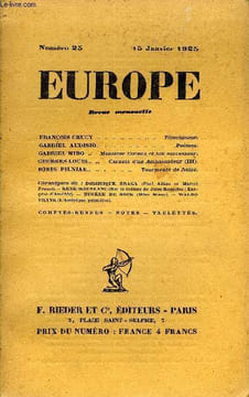 EUROPE REVUE MENSUELLE N° 25 - FRANÇOIS CRUCY . Témoignage.GABRIEL AUDISIO. Poèmes.GABRIEL MIRO Monsieur Cuenca et son successeur. GEORGES LOUIS.. ...
