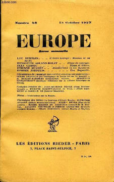 EUROPE REVUE MENSUELLE N° 58 - LUC DURTAIN. L’Autre Europe : Moscou et s»foi (I)HENRIETTE ROLAND-HOLST . Eloge du courage.JEAN CASSOU . Diane et ...