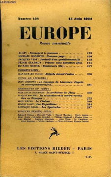 EUROPE REVUE MENSUELLE N° 138 - ALAIN : Message à la jeunesse. MICHAEL ROBERTS : Nouveau pays..JACQUES VIOT : Portrait d’un gentilhomme (I) ..FÉDOR ...