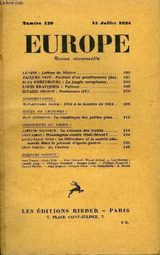 EUROPE REVUE MENSUELLE N° 139 - LÉNINE : Lettres de Sibérie. JACQUES YIOT : Portrait d’un gentilhomme (fin).ILYA EHRENBOURG : La jungle européenne. ...