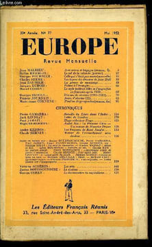 EUROPE REVUE MENSUELLE N° 77 - Avec armes et bagages par Jean Malrieu, Le vol de la colombe par Stéfan Hermlin, Celle qui n'était pas morte par ...