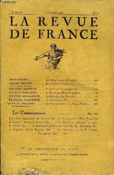 LA REVUE DE FRANCE 3e ANNEE N°8 - JEAN D’ESME. Les Dieux rouges (4e partie)...JOSEPH BÉDIER de l'Académie française... En relisant ...