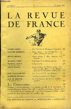 LA REVUE DE FRANCE 17e ANNEE N°15 - PIERRE VEBER. Une Nuit dans la Montagne (1re partie).FRANCIS AMBRJÈRE.. Henry Becque « Les Polichinelles » et Mme ...