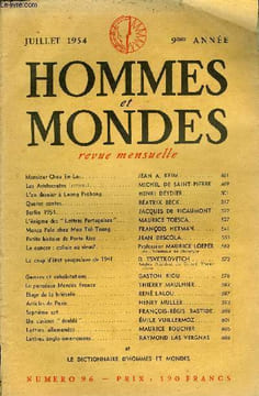 LA REVUE HOMMES ET MONDES N° 96 - Monsieur Chou En-Lai. JEAN A. KEIMLes Aristocrates (roman).. MICHEL DE SAINT-PIERRE.L'an dernier à Luang Prabang.. ...