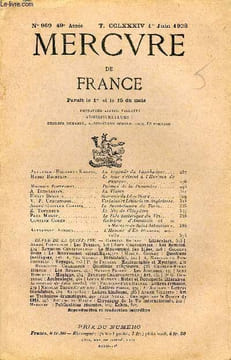MERCURE DE FRANCE N° 959 - TOME CCLXXXIV - Alexandre-Haggerty Krappe. La Légende du Tannhaüser. Henri Bachelin. Le tour s’éteint à l'Horizon de ...