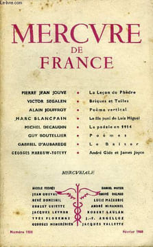 MERCURE DE FRANCE N° 1158 - PIERRE JEAN JOUVE. La Leçon de Phèdre. VICTOR SEGALEN. Briques et Tuiles. ALAIN JOUFFROY. Poème vertical. MARC BLANC PAIN. ...