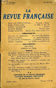 LA REVUE FRANCAISE 27e ANNEE N°3 - HUGO VON HOFMANNSTHAL.. Hommage à Balzac.JULES SUPERVIELLE. La Belle au Bois, II.ROBERT BRASILLACH Poèmes.WERNER ...