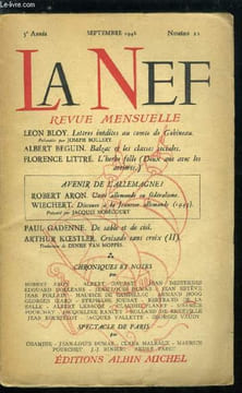 LA NEF 3e ANNEE N° 22 - Lettres inédites au comte de Gobineau par Leon Bloy, Balzac et les classes sociales par Albert Beguin, L'herbe folle (deux ans ...