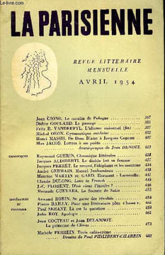 LA PARISIENNE N° 16 - Jean &IONO. Le moulin de Pologne ..Didier GOULARD. Le passage. Fritz R. VANDERPYL. L’idiome universel (fin) .. .Michel DEON. ...