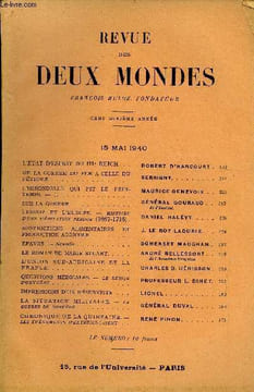REVUE DES DEUX MONDES CXe ANNEE N°10 - L'ÉTAT D’ESPRIT DU IIIe REICH. ROBERT D’HARCOURT. DE LA GUERRE DU FER A CELLE DUPÉTROLE. SERRIGNYL’HIRONDELLE ...