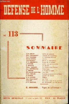 DEFENSE DE L'HOMME 11e ANNEE N° 113 - Louis DORLET. Contre les assassins.Henri ROUGEMONT. L’épopée du caoutchouc.Paul RASSINIER. Le blockhaus ...