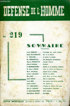 DEFENSE DE L'HOMME 20e ANNEE N° 219 - Louis DORLET. L’exemple des vertus armées.Henri ROUGEMONT . Où va la Chine ?S VERGINE .. A travers le monde.Dr ...