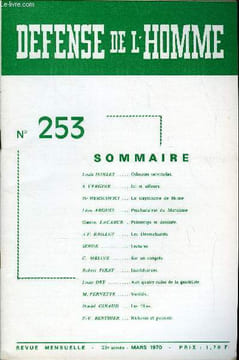 DEFENSE DE L'HOMME 23e ANNEE N° 253 - Louis DORLET. Odieuses servitudes.S. VERGINE.. Ici et ailleurs.Dr HERSCOVICl . Le scepticisme de HumeLéon ...