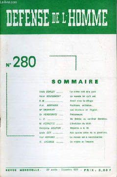 DEFENSE DE L'HOMME 25e ANNEE N° 280 - Louis DORLET. Le crime doit être puni.Henri ROUGEMONT . Le monde tel qu'il est.E. M..Avant nous le déluge.P.-V. ...