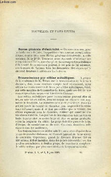 COSMOS - LES MONDES N° 5 - Revue générale d'électricité, Transmissions par cables métalliques, Dégradation de la brique, Accumulateurs électriques, ...
