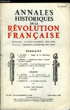 Annales historiques de la Révolution Française n° 239 - Hegel et la Révolution française par J. Granier, Anacharsis Cloots, l'Orateur du genre humain ...