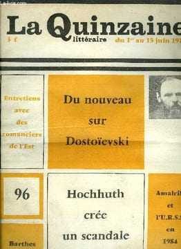 La quinzaine littéraire n° 96 - L'esprit de la lettre par Roland Barthes, Georges Limbour par Maurice Nadeau, Vivre a Majorque par Cella Minart, ...
