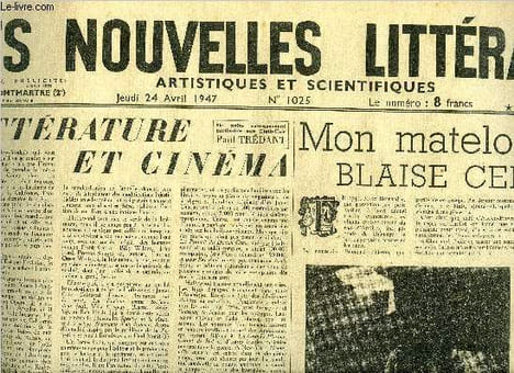 Les nouvelles littéraires, artistiques et scientifiques n° 1025 - Littérature e cinéma par Paul Trédant, Mon matelot Blaise Cendrars par René ...