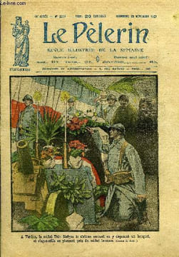 Le Pèlerin n° 2279 - A Verdun, le soldat Thin désigne le sixième cercueil en y déposant un bouquet, et en s'agenouillant en pleurant près du soldat ...