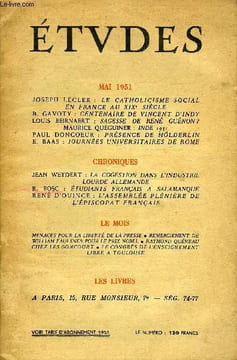 Etudes tome 269 n° 5 - Le catholicisme social en France au XIXe siècle par Joseph Lecler, Centenaire de Vincent d'Indy par B. Gavoty, Sagesse de René ...