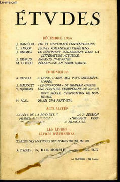 Etudes tome 283 n° 12 - Foi et mentalité contemporaine par J. Daniélou, Jeunes romanciers chrétiens par L. Barjon, Le sentiment d'égarement dans la ...