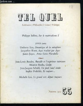 Tel Quel n° 55 - Sur le matérialisme I par Philippe Sollers, Joyce (suite), Sémantique de la méaphore par Umberto Eco, Joyce traduit par Joyce par ...