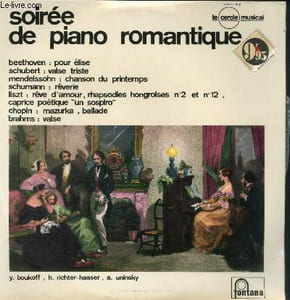 DISQUE VINYLE 33T SOIREE DE PIANO ROMANTIQUE. POUR ELISE, VALSE TRISTE, CHANSON DU PRINTEMPS, REVERIE, REVE D'AMOUR, MAZURKA, VALSE, BALLADE, RHAPSODIE HONGROISE N°2, CAPRICE POETIQUE N°3, RHAPSODIE HONGROISE N°12.