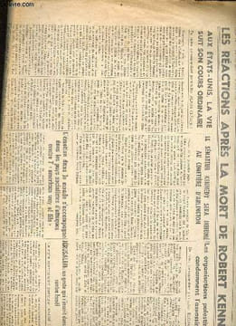 "Le monde du 8 juin 4968 - Sommaire: les réactions après la mort der Robert Kennedy, naissance de l'université critique, de la révolte éutdiante à la ...