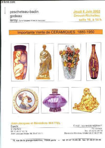 Catalogue de vente aux enchères : 6 Juin 2002 - Drouot Richelieu - Paris :Céramiques 1880-1950