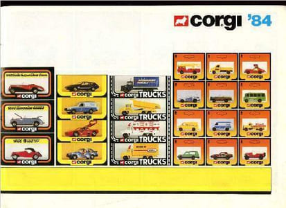 Catalogue Corgi - 1984 (Automobiles, avions miniatures) : Nasa Shuffle - Dump truck - Bus - Autobus - Rover Police (Voiture de Police) - London Bus (Autobus londonien) - Ford Escort - Ford Mustang - British Telecom Van - Chevy Corvette - Dépanneuse ...
