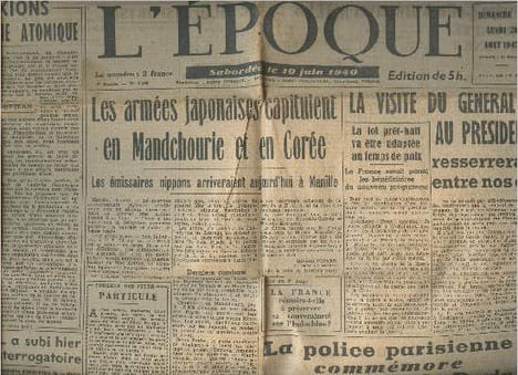 L'époque - n°1192 9e année - dim.19, lundi 20 août 1945 -Réflexions sur l'économie atomique - Les armées japonaises capitulent en Mandchourie et en ...