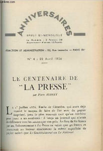 "Le centenaire de ""La Presse"" - Anniversaire, revue bi-mensuel, n°4 22 avril 1936"