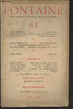 "Fontaine, revue mensuelle de la poésie et des lettres françaises n°63 - Nov. 1947 - André Breton : Seconde Arche - Rachel Bespaloff : A propos de ...