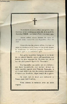 Une affiche sur la mort du Maréchal Foch + une carte postal en noir et blanc du Général Foch + une photo albuminé du Maréchal Foch en tournée aux ...