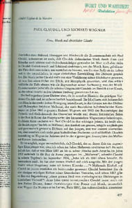 Tiré à part : Paul Claudel und Richard Wagner oder Eros,Musik und christlicher Glaube.
