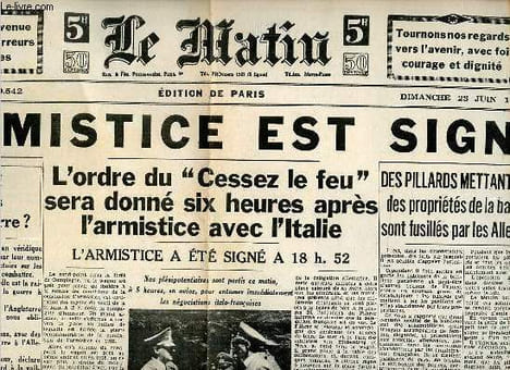 Le Matin n°20.542 57e année dimanche 23 juin 1940 - Fac similé - L'Armistice est giné - pourquoi avons nous déclaré la guerre ? - l'ordre du cessez le ...