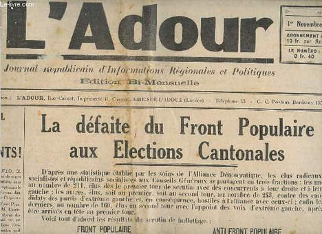 L'Adour n°4 1er novembre 1937 - Battus et contents ! - la défaite du front populaire aux élections - le renard et le fromage canton de Sabres - ...