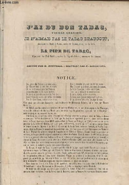 J'ai du bon tabac, vieille chanson, je n'aimais pas le tabac beaucoup, complet du diable à quatre, opéra de Sedaine musique de Solié - la pipe de ...