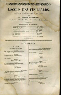 L'ECOLE DES VIEILLARDS, COMEDIE EN CINQ ACTES ET EN VERS. M. CASIMIR DELAVIGNE
