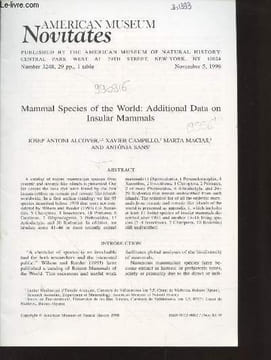 American Mueum Novitates November 5, 1998. Sommaire : Mamma Species of the World : Additional Data on Insular Mammals -. Alcover Josep Antoni, ...