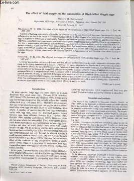 Tiré à part : Can. J. Zool. n°66 : The effect of food supply on the composition of Black-billed Magpie eggs.. Hichachka Wesley M.