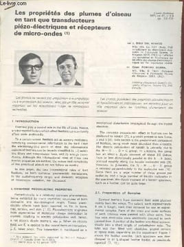 Tiré à part : L'onde électrique vol.57 n°8-9 : Les propriétés des plumes d'oiseau en tant que transducteurs piézo-électriques et récepteurs de ...